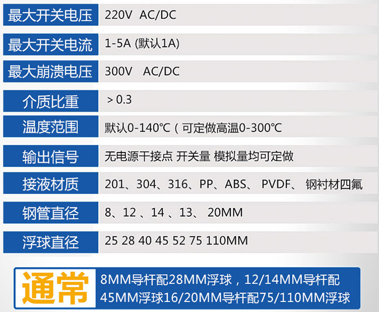 連桿浮子液位計技術(shù)參數(shù)對照表